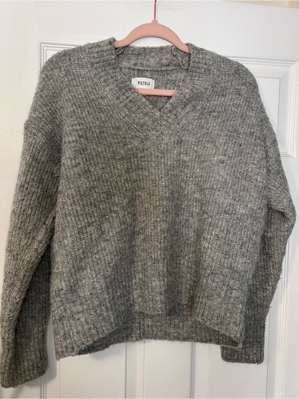 #454 Pistola XL Gray Marled Chunky Knit V-Neck Sweater Oversized Cozy Pullover - Picture 1 of 3